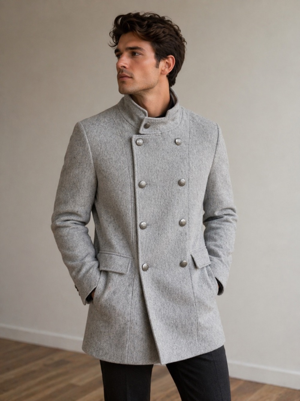 Zara Men's Double-Breasted Gray Wool Coat